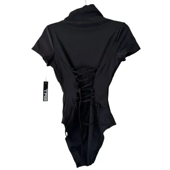NWT TA3 Short Sleeve Surfy One Piece Corset Swimsuit Black Medium Short - Picture 5 of 11